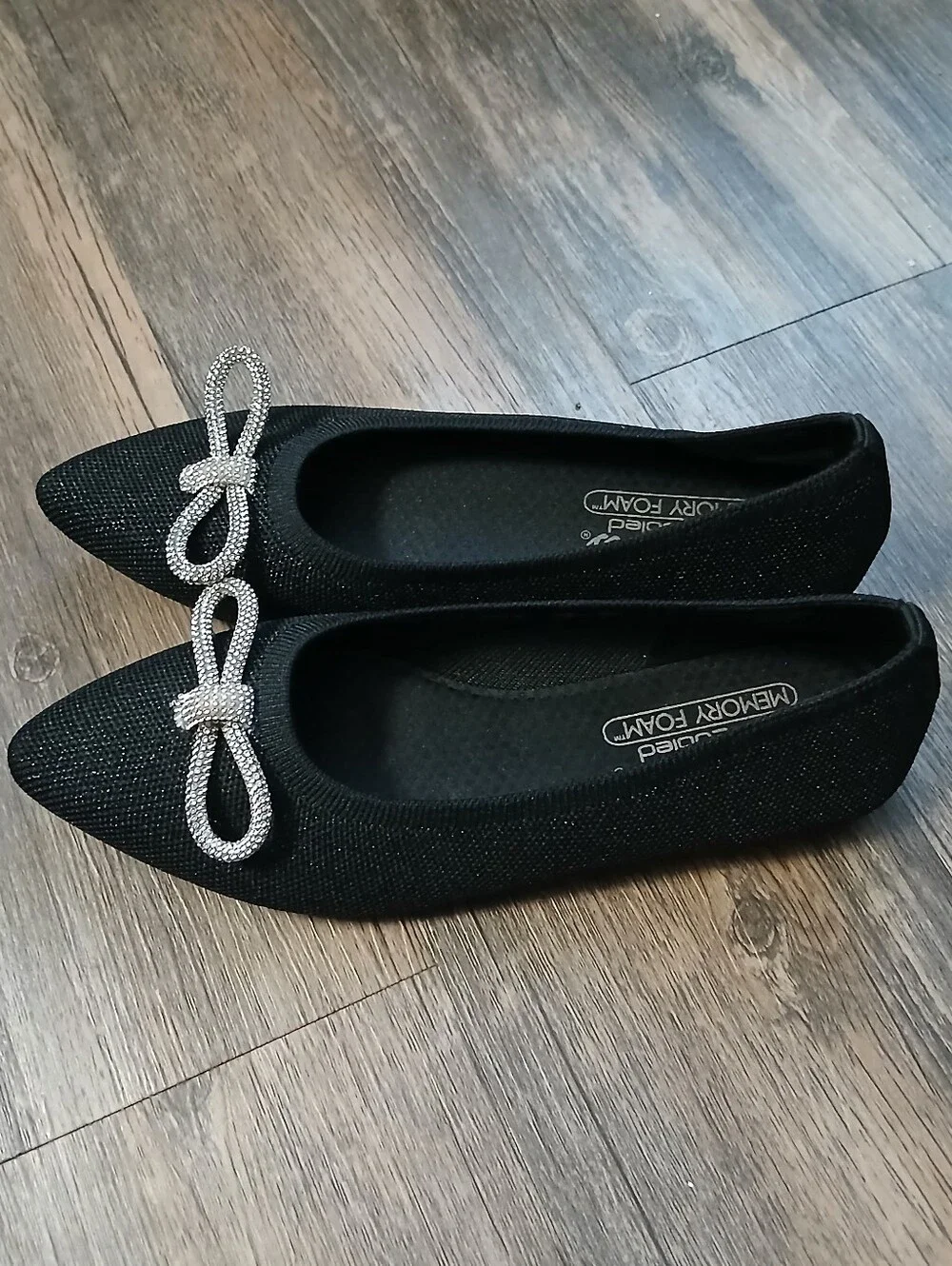 Skechers Black Pointed Toe Flats with Rhinestone Bow Accent